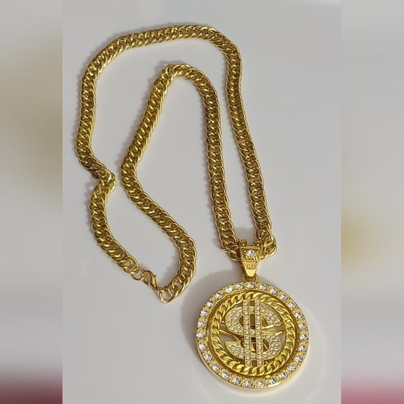 Bling iced out gold plated dollar money spinning necklace chain Halloween costum - Picture 3 of 12